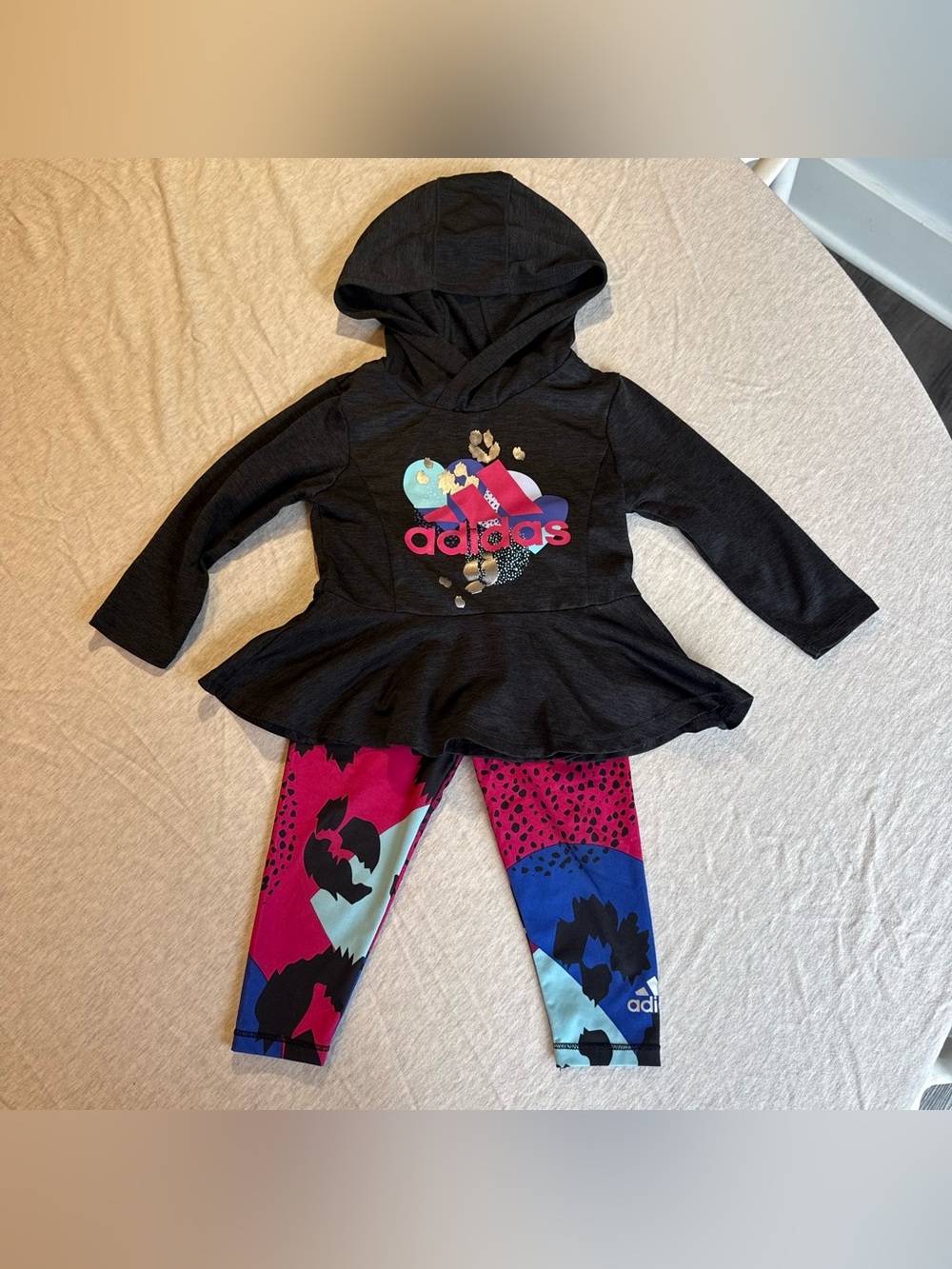 adidas Black Hooded Top with Pink & Blue Printed Leggings